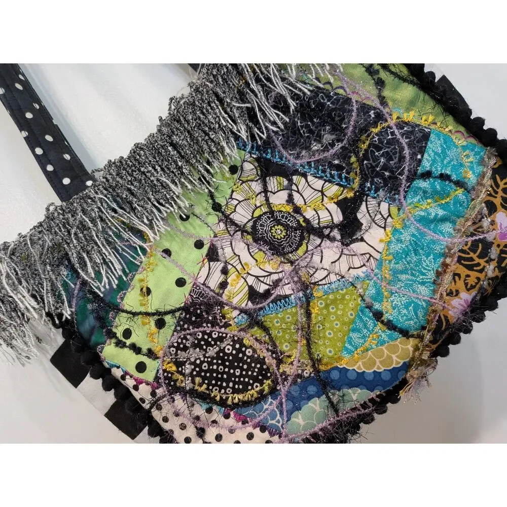 Quilted Patchwork Tote Purse Bag Boho Mixed Media Fringe Pikake Design Embelish